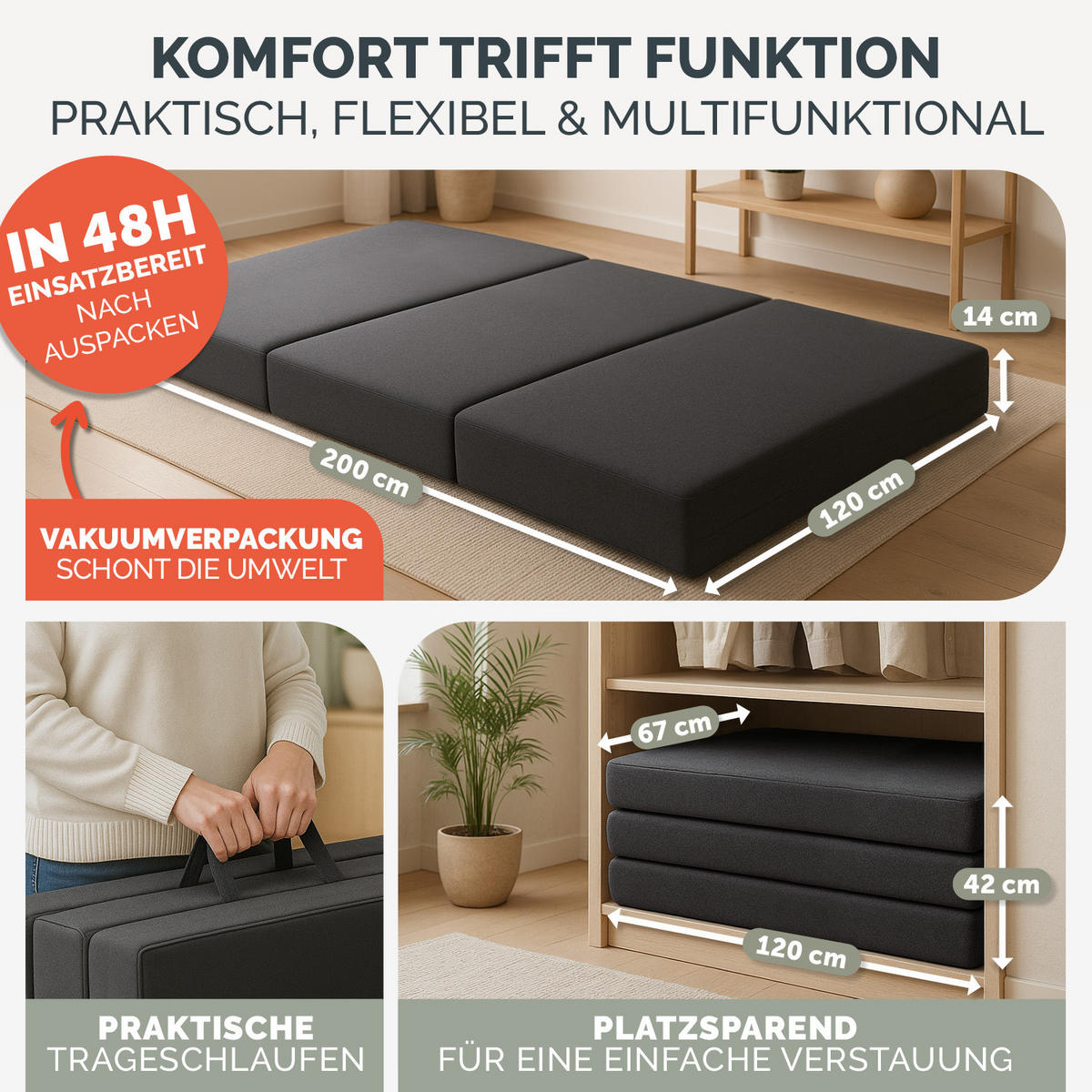 KLAPPMATRATZE 120x200 cm - 3teilig in Anthrazit - Anthrazit, Textil - Blumtal