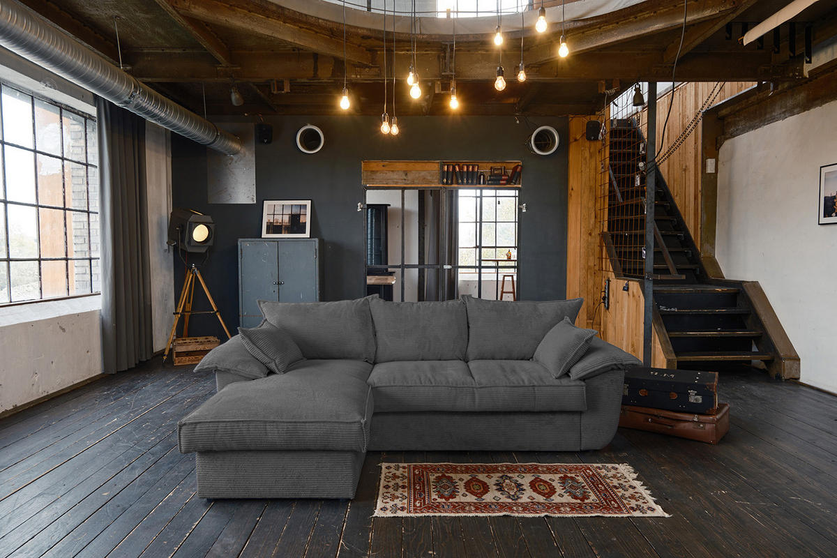 ECKSOFA DAMETO Grau Cord - Schwarz/Grau, Kunststoff/Textil (266/174cm) - KAWOLA