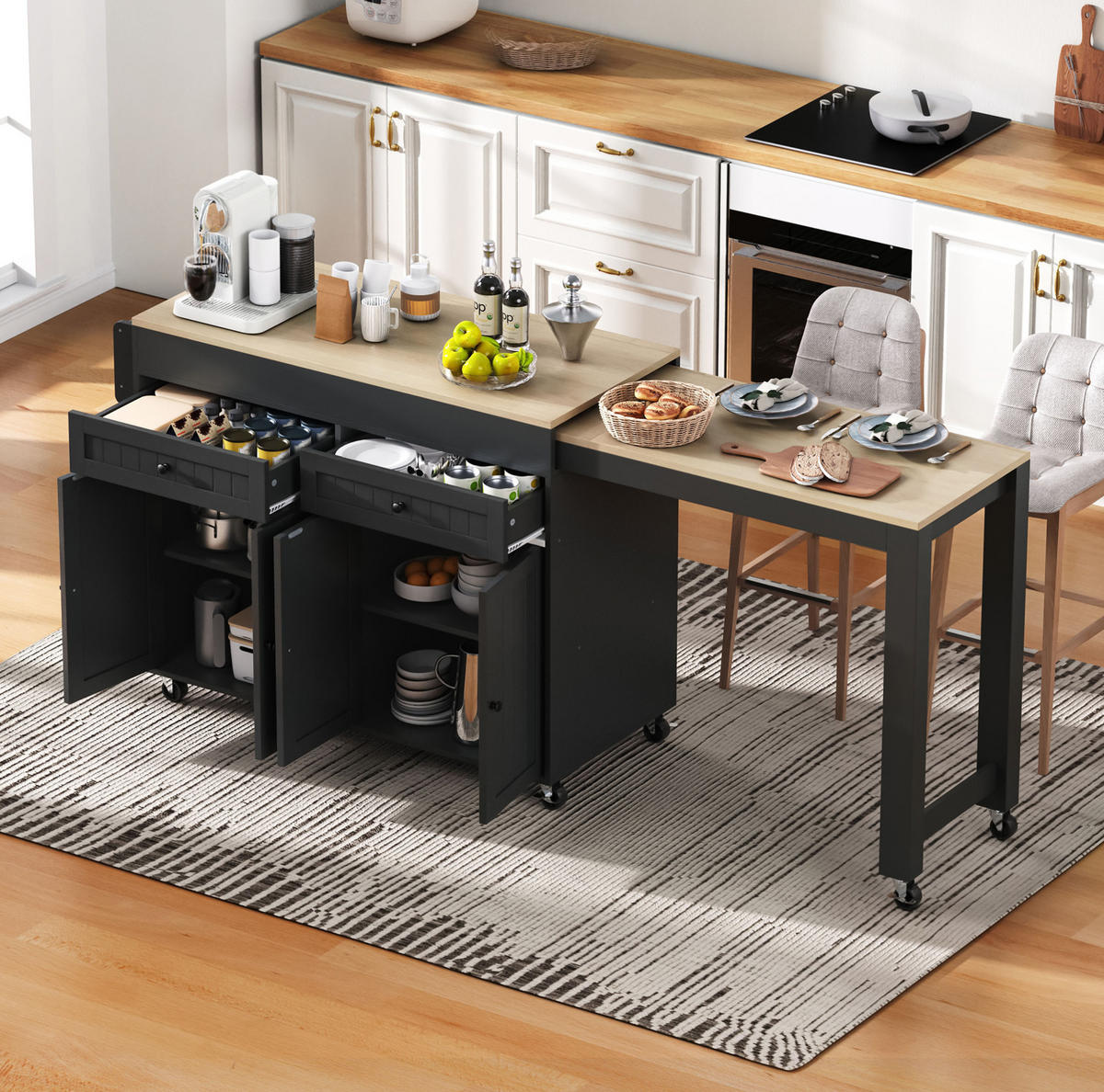 KÜCHENINSEL mit ausziehbarer Arbeitsplatte 112-180,5 cm MDF Black/Natural - Schwarz, Holz (45/92.2/180.5cm) - Beauniv