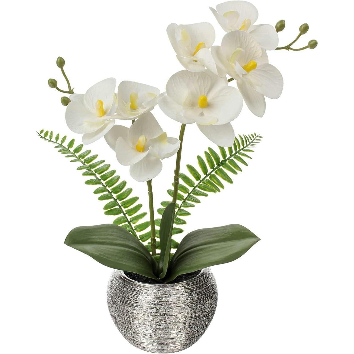 KUNSTBLUME Orchidee Phalaenopsis mit 2 Blütenrispen 33 cm silberfarbener Keramiktopf - Silberfarben, Keramik (25cm)