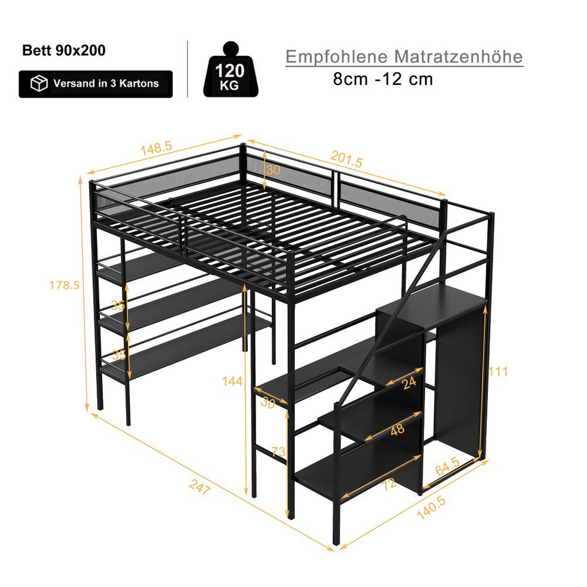 HOCHBETT 140x 200cm mit Schreibtisch in Schwarz - Schwarz, Metall (140/200cm) - KOMHTOM