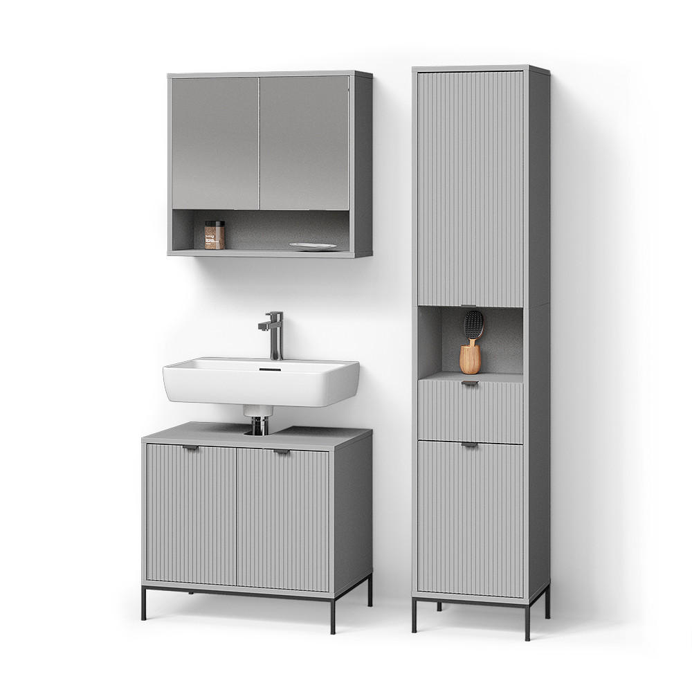 BADMÖBEL-SET ATERNO Grau 3 Teile, mit Hochschrank - Grau, Holzwerkstoff (70/63/45cm) - Livinity®