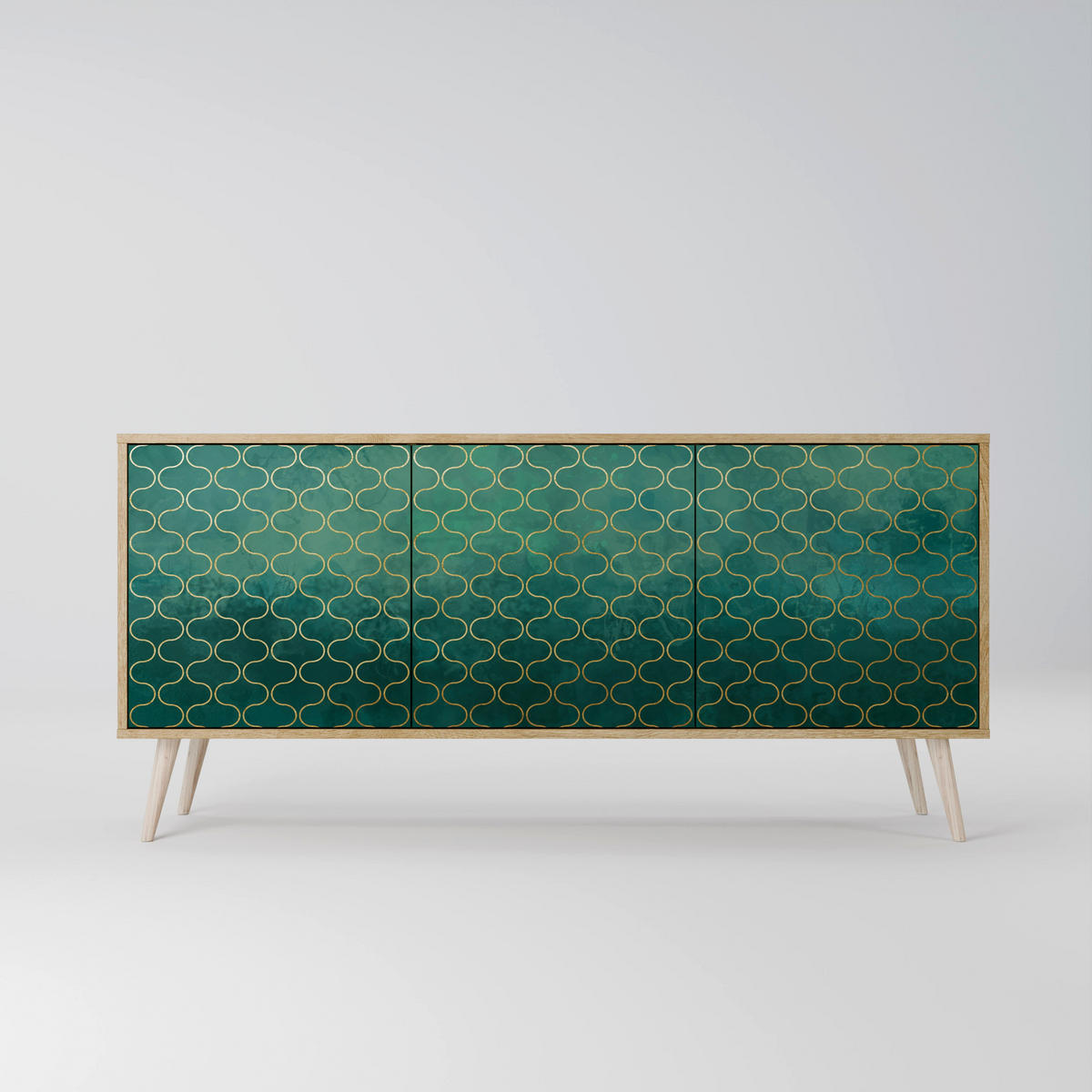 SIDEBOARD TESSELATED GREENERY, Eicheneffekt, 164,5x42x77,5 cm, 3 Türen - Eichefarben/Buchefarben, Holzwerkstoff/Buchenholz (164.5/77.5/42cm) - SpaceRebels