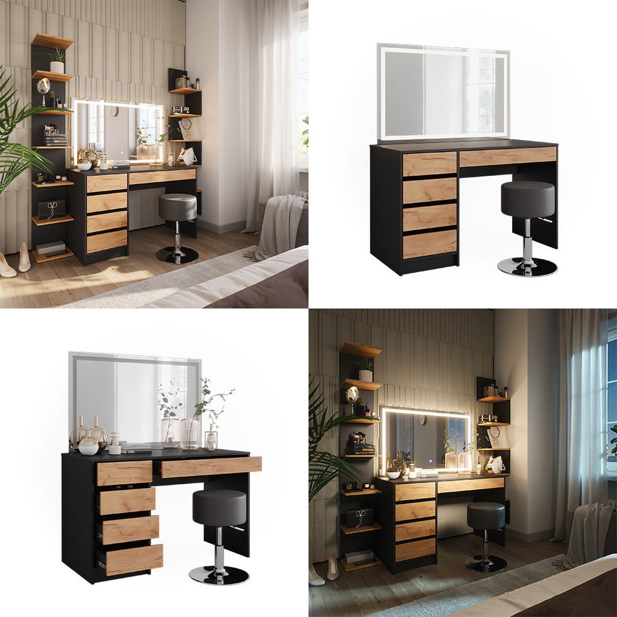 SCHMINKTISCH Sherry Anthrazit/Goldkraft Eiche 120 x 75 cm mit LED-Spiegel und Hocker - Honigeiche/Anthrazit, Holzwerkstoff (120/75/55cm) - Vicco