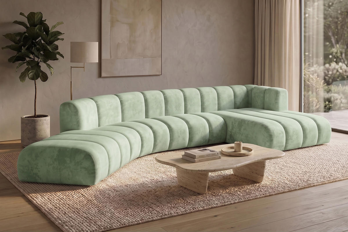 ECKSOFA Modulares In L-Form, Velvet-Stoff Riviera, Mintz, Rechts, GRAND Round - Mintgrün, Holz (445/179cm) - Kaiser Möbel