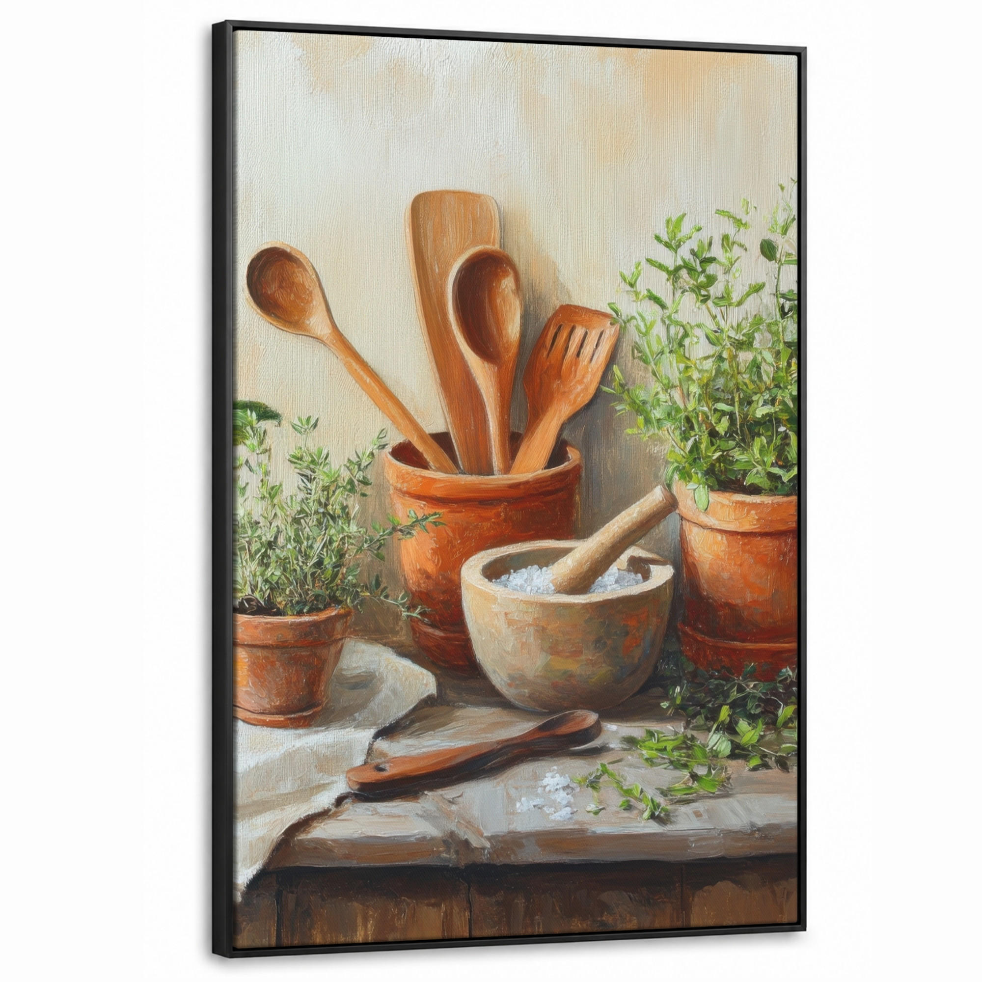 LEINWAND Bilder mit Rahmen - Töpfe - Kräuter - Holz - 80x120 - Terracotta, Textil (80/120cm) - MuchoWow