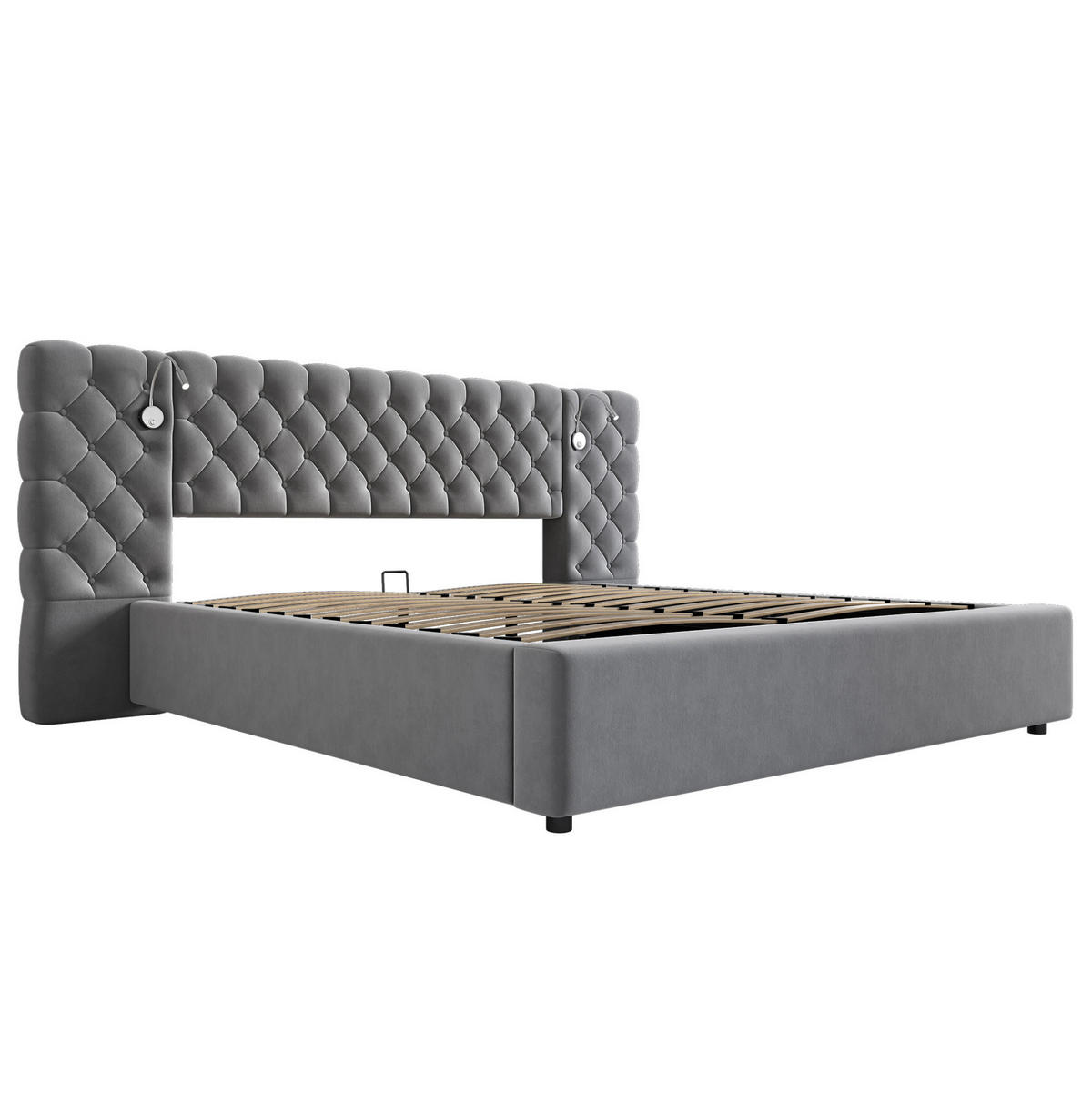 POLSTERBETT 160/200 cm Grau mit hydraulischem Bettkasten und LED-Beleuchtung - Grau, Textil (160/200cm) - OKWISH
