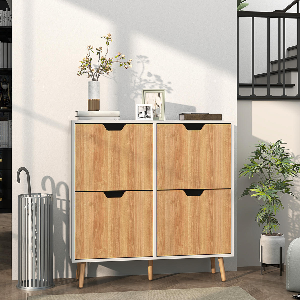 SCHUHSCHRANK mit 4 Klapptüren, Platz für 16 Paar Schuhe, verstellbarem Einlegeboden, Beinen aus Kiefernholz, 95 x 26 x 95 cm, naturfarben - Braun, Holzwerkstoff (95/95/26cm) - HOMCOM