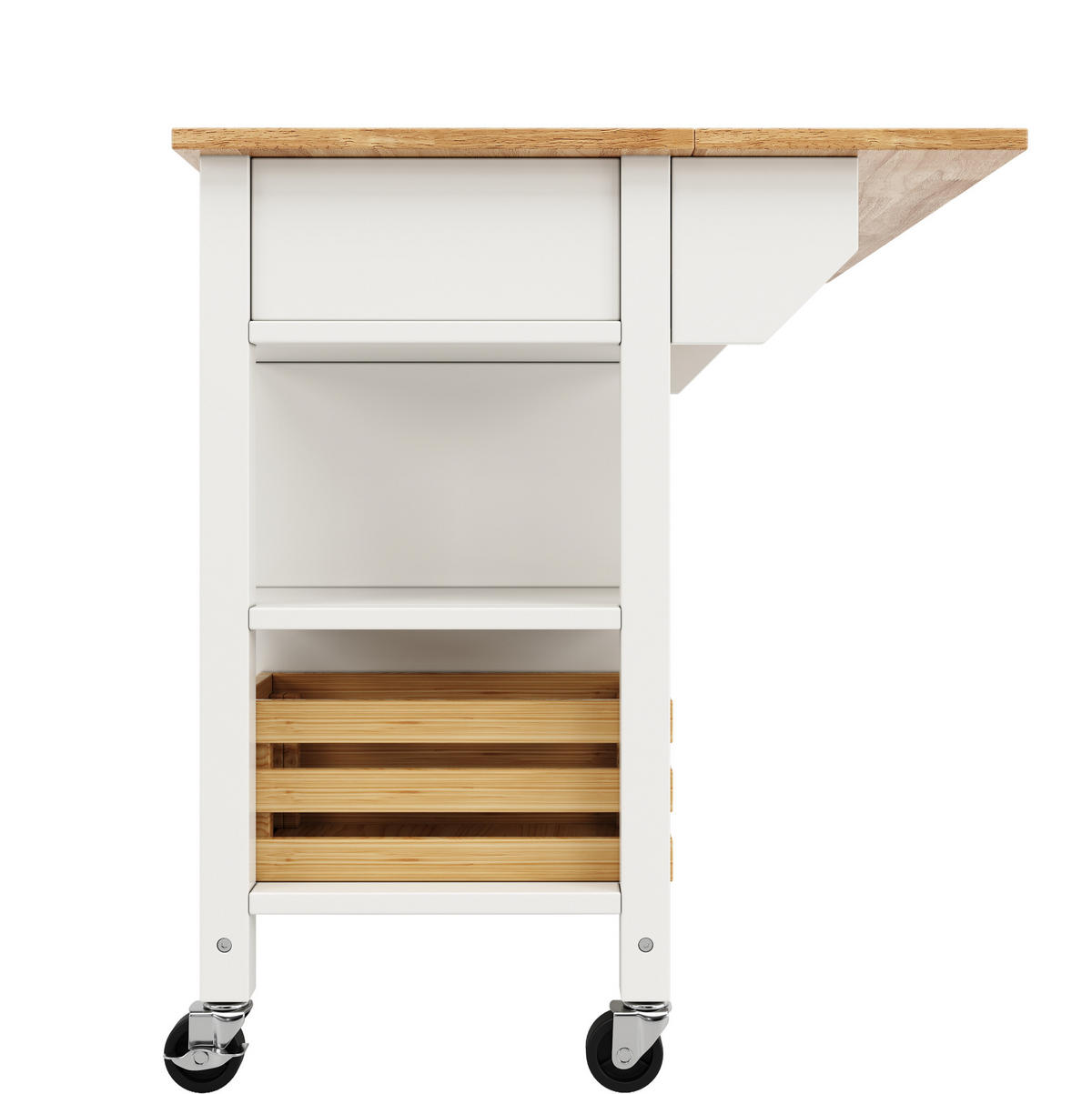 KUHINJSKI otok 120/45/90 cm z zložljivo ploščo, vrtljivimi kolesi in MDF površino, Natur/Bežela - bela, leseni material (120/90/45cm) - Redom
