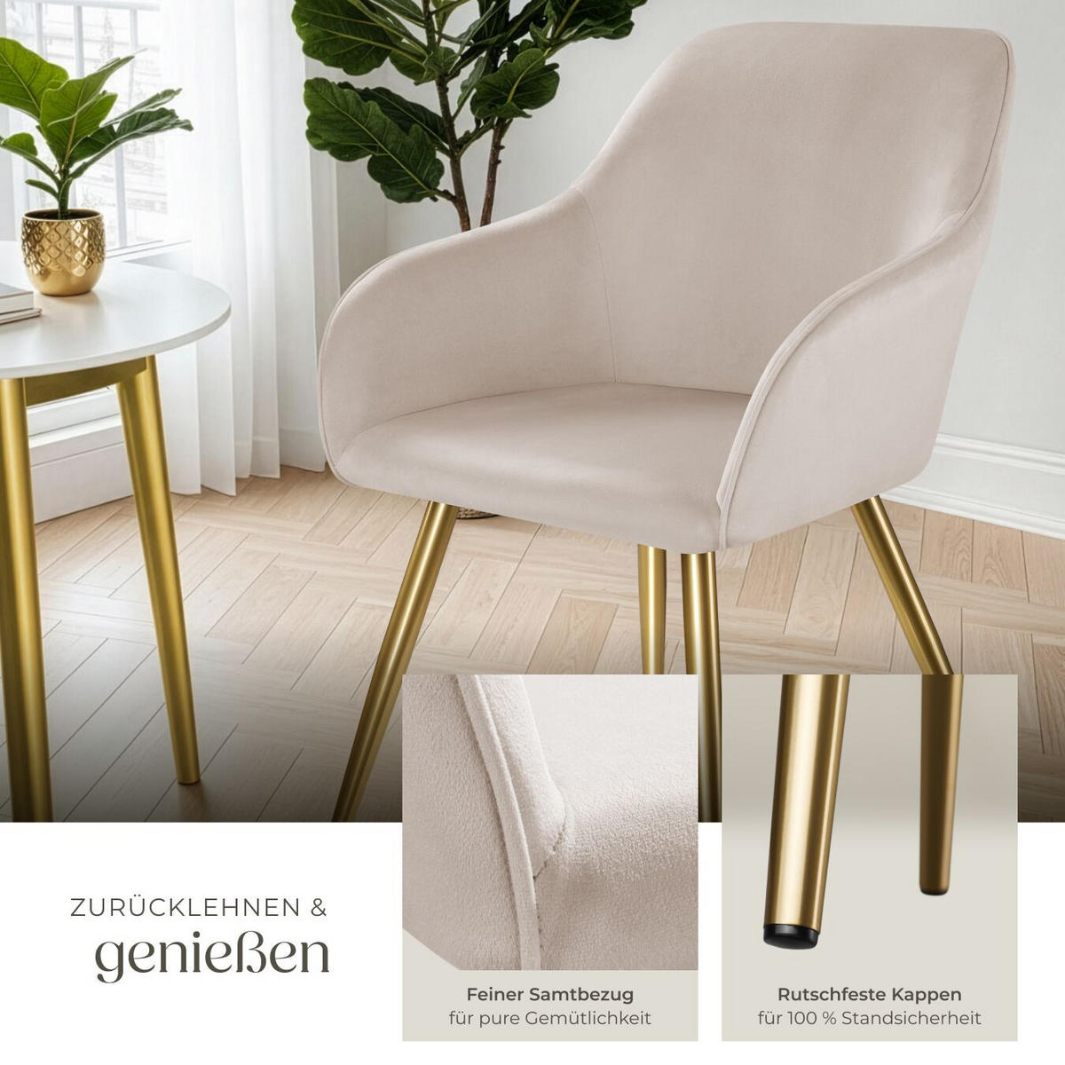 ESSZIMMERSTUHL Marilyn,58 x 62 x 82 cm,taupe/gold - Taupe/Goldfarben, Textil (58/82/62cm) - tectake