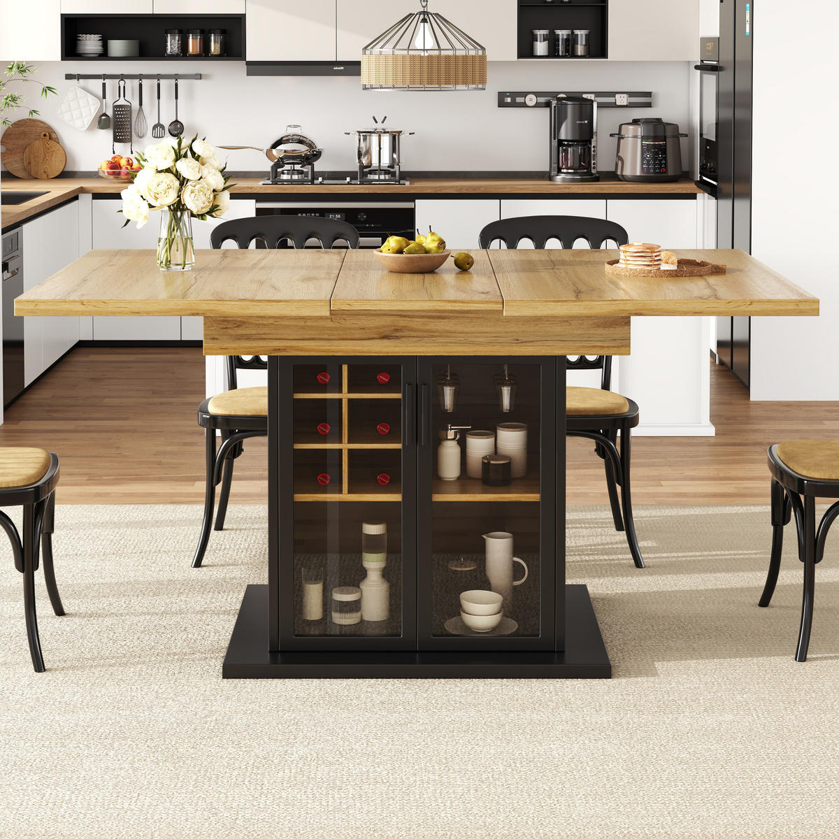 ESSTISCH 110-140x80x76 cm aus MDF mit Weinregal und Glastür ausziehbar - Naturfarben, Holzwerkstoff (80/140/76cm) - Modfu