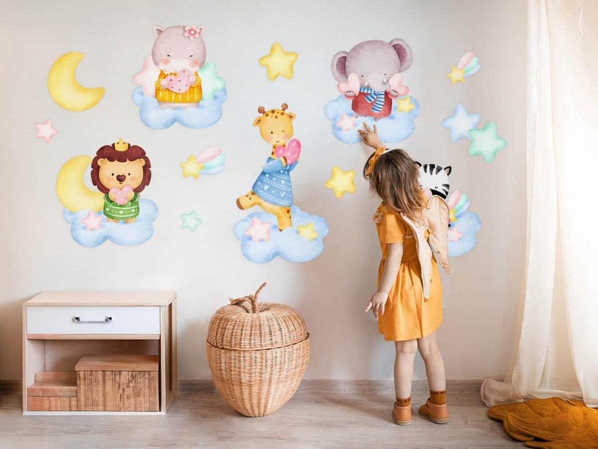 WANDAUFKLEBER 130x199cm - Tiere in den Wolken - Multicolor, Kunststoff (130/199/0.1cm) - Wallfluent