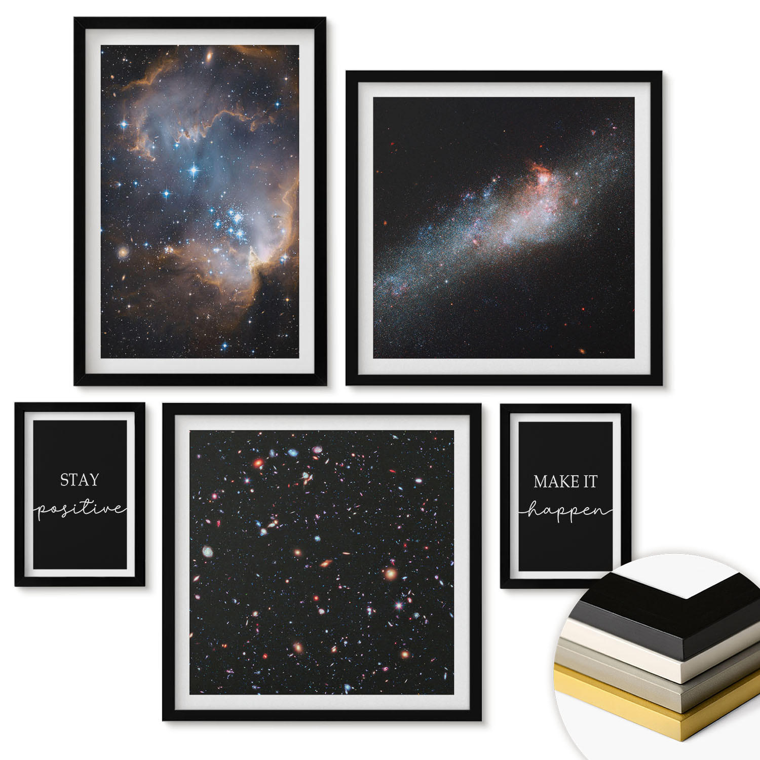 WANDBILDER 5er-Set - 50x50 cm & 20x30 cm & 40x60 cm Schwarzer Rahmen - Motivationsslogans Sterne Weltraum - Schwarz, Kunststoff (40/60cm) - ArtPrintCave