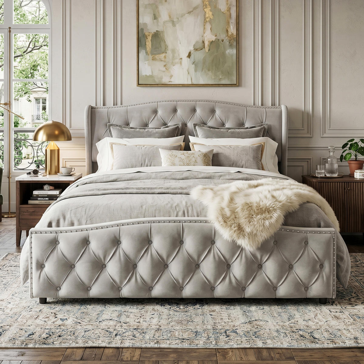 POLSTERBETT Wave-Design 140/200 cm mit Bettkasten & Nietendekor Samtstoff Grau - Grau, Textil (140/200cm) - Creahappy