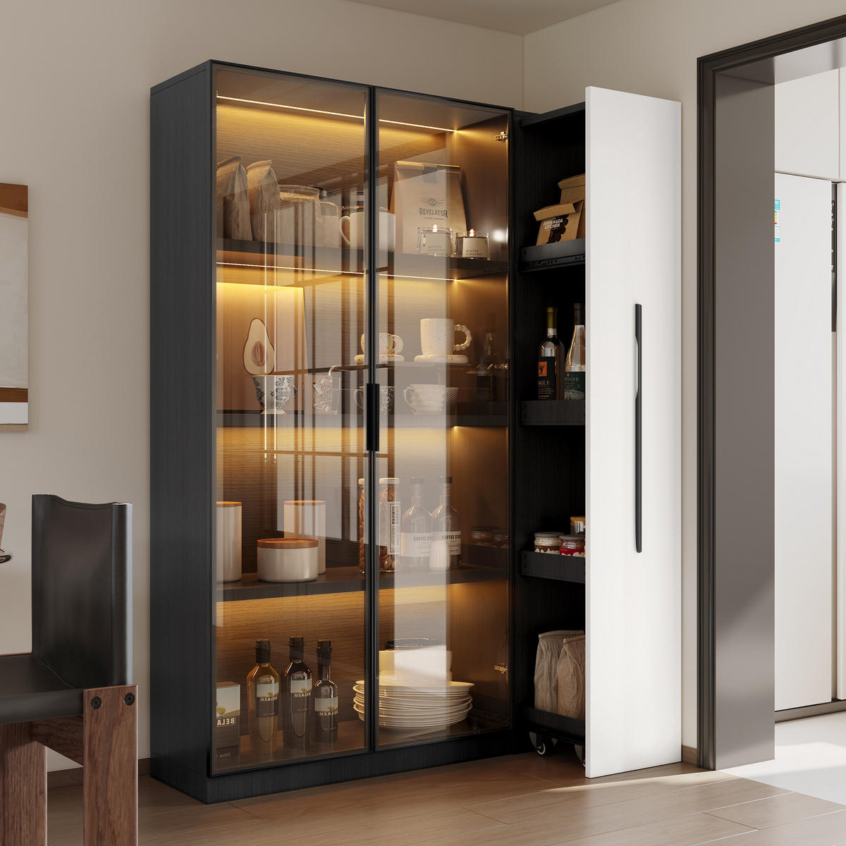 VITRINA 110,5/35/160 cm crna/bijela od MDF-a i stakla s LED rasvjetom i bočnim izvlačenjem - crna, drvni materijal (110.5/160/35cm) - OKWISH