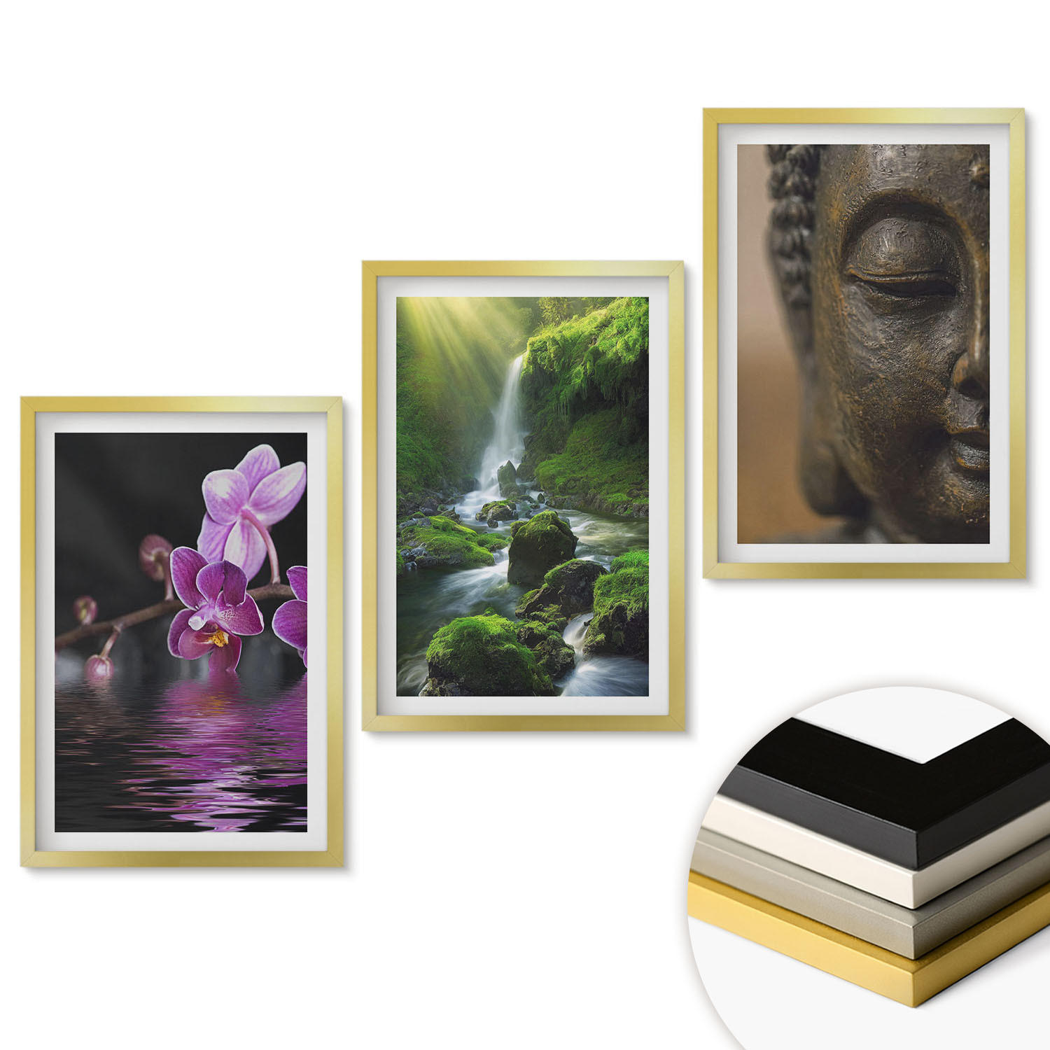 WANDBILDER 3er Set - 40x60 cm Goldrahmen - Blumen, Wasserfall, Buddha-Felsen, Zen - Goldfarben, Kunststoff (40/60cm) - ArtPrintCave