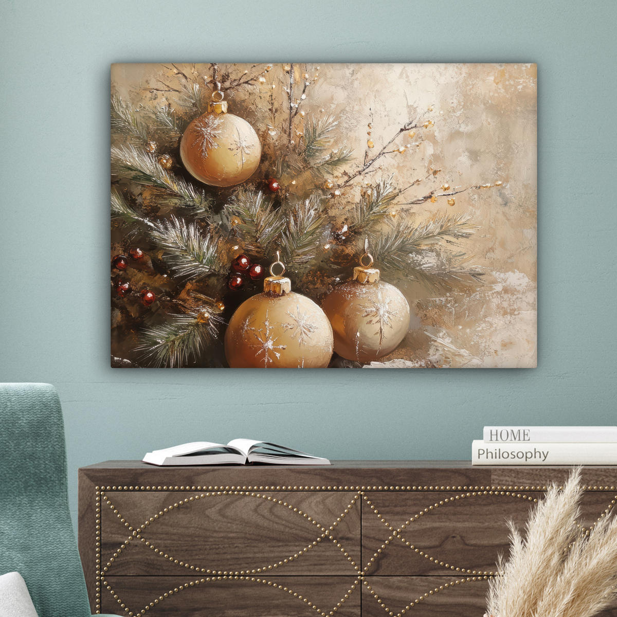 LEINWANDBILD Weihnachten - Kugeln - Beige - Gold Wandbilder 80x60 cm - Goldfarben, Textil (80/60cm) - MuchoWow