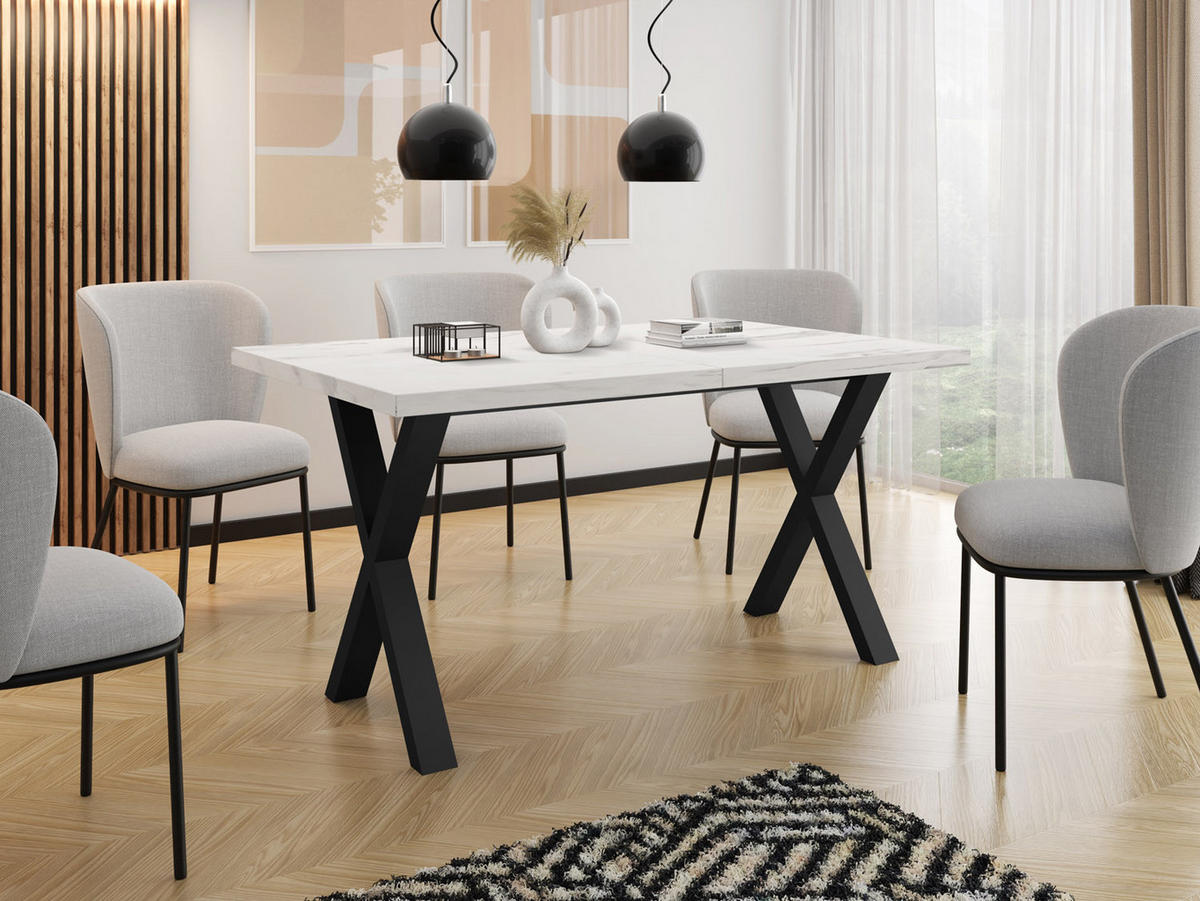 ESSTISCH Blake rechteckig ausziehbar, Marmor Weiß 140-240/80/76 cm - Ecru/Schwarz, Holzwerkstoff/Metall (140/80/76cm) - WFL GROUP