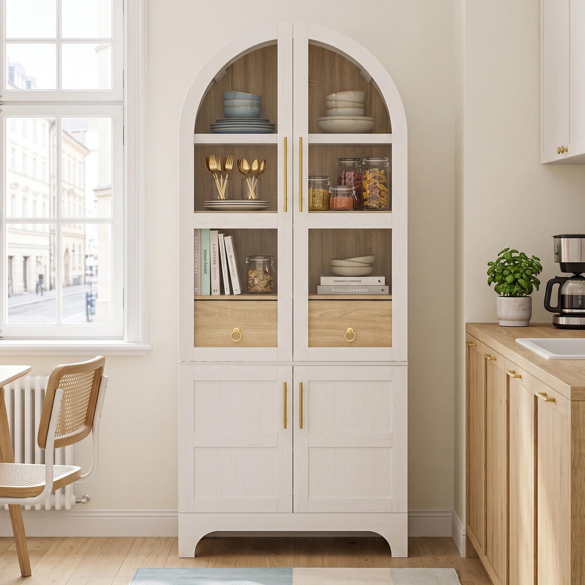 HIGHBOARD mit Riffelglas & Schubladen 180cm - Weiß, Holzwerkstoff (76/180/40cm) - Urban Meuble