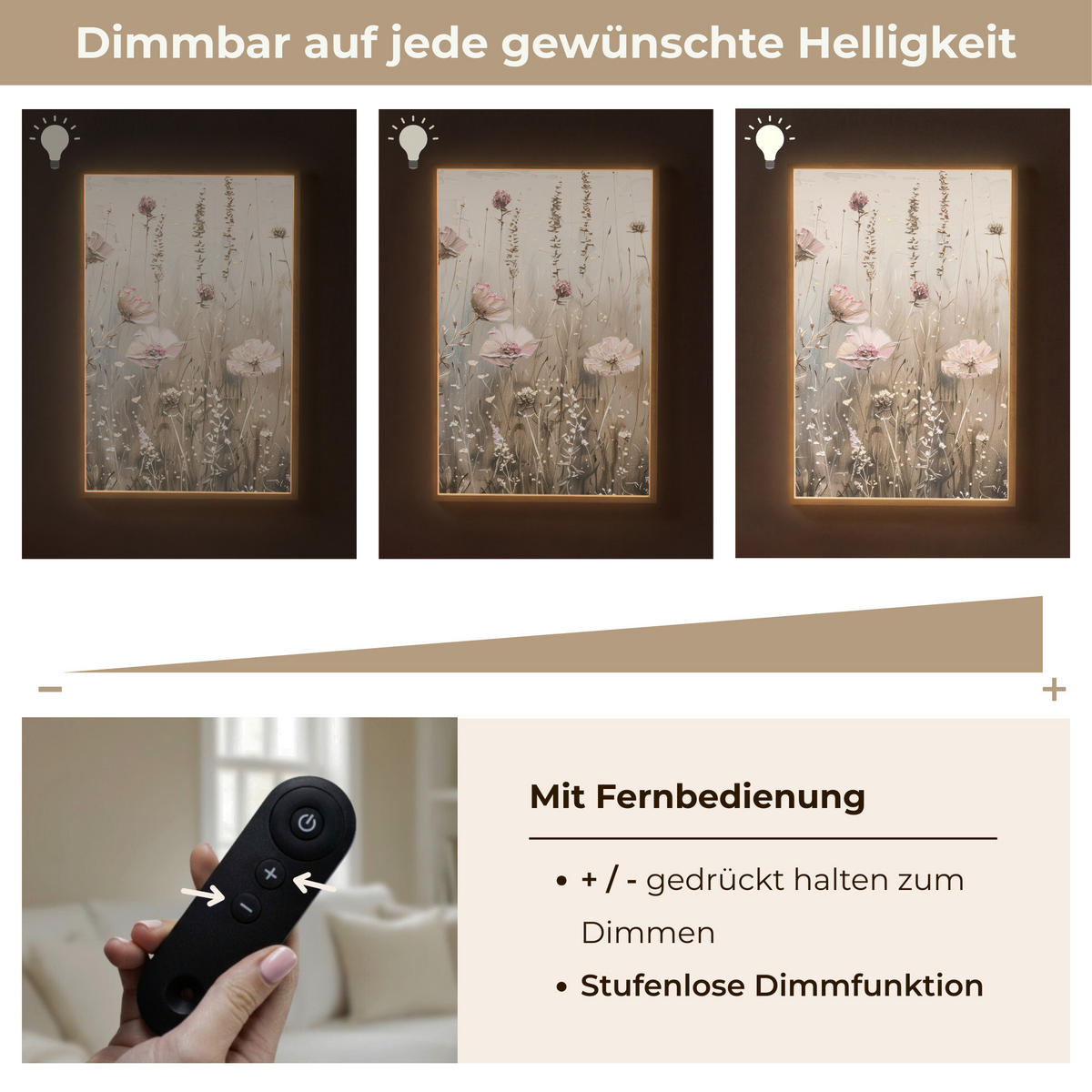 NÁSTĚNNÁ LAMPA S AKUMULÁTOREM Květiny - růžová - moderní - béžová 60x90 cm - starorůžová, kompozitní dřevo (60/90/8cm) - OnlyWow