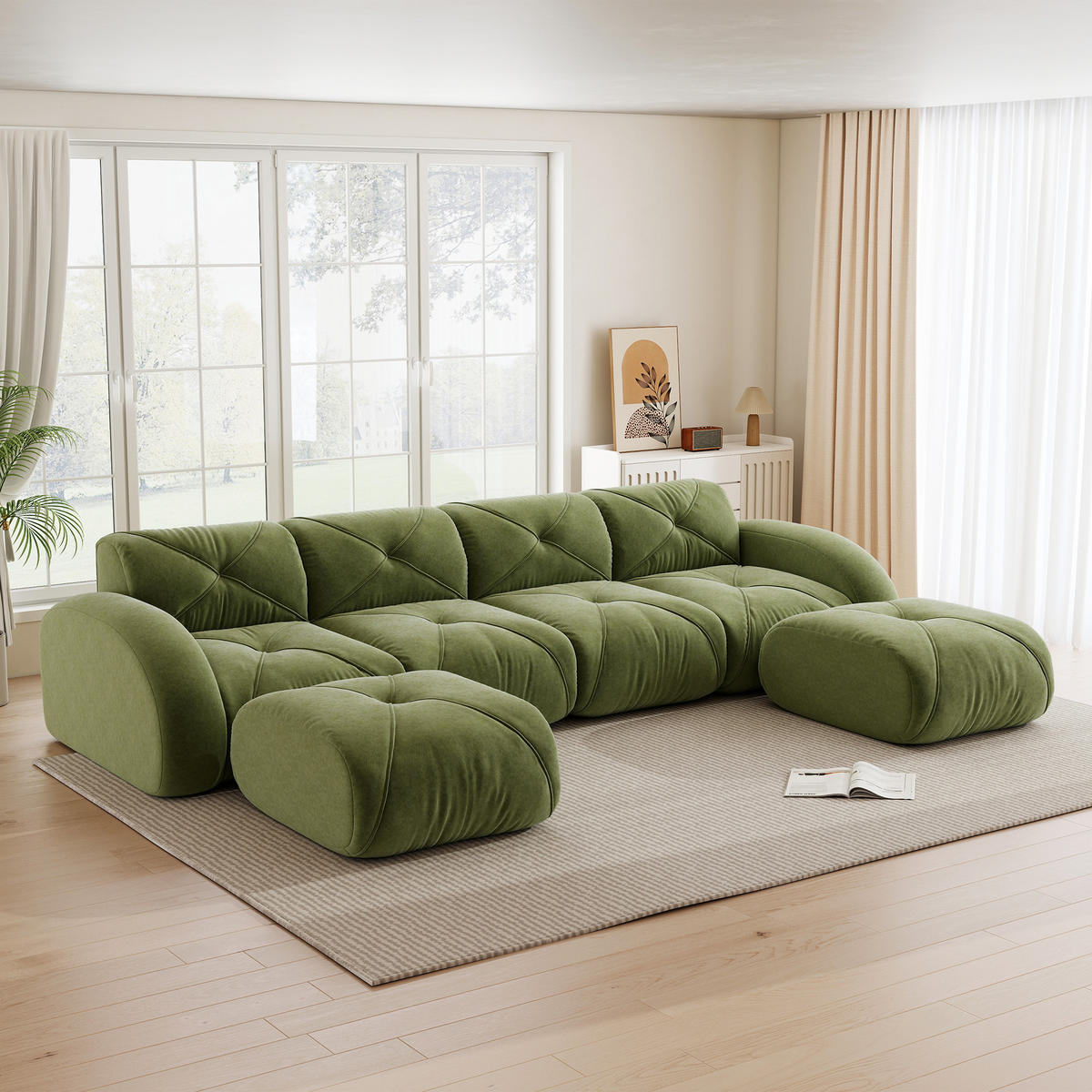 WOHNLANDSCHAFT Chenille Grün mit 2 Hocker - Grün, Textil (358/76/171cm) - WISHDOR