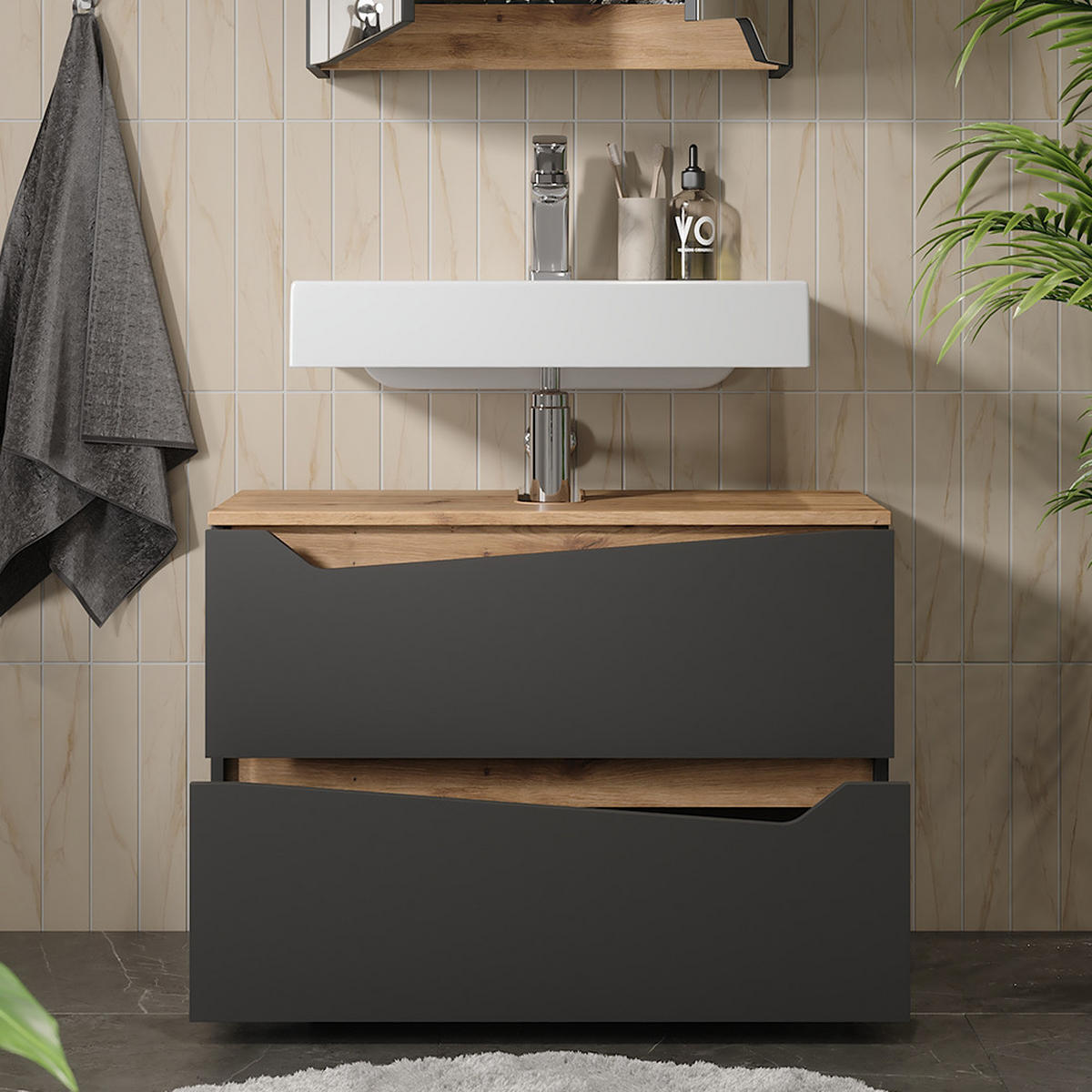 WASCHBECKENUNTERSCHRANK Marelle Anthrazit/Artisan 80 x 57.5 cm mit 2 Schubladen - Anthrazit/Eiche Artisan, Holzwerkstoff (80/57.5/35cm) - Vicco