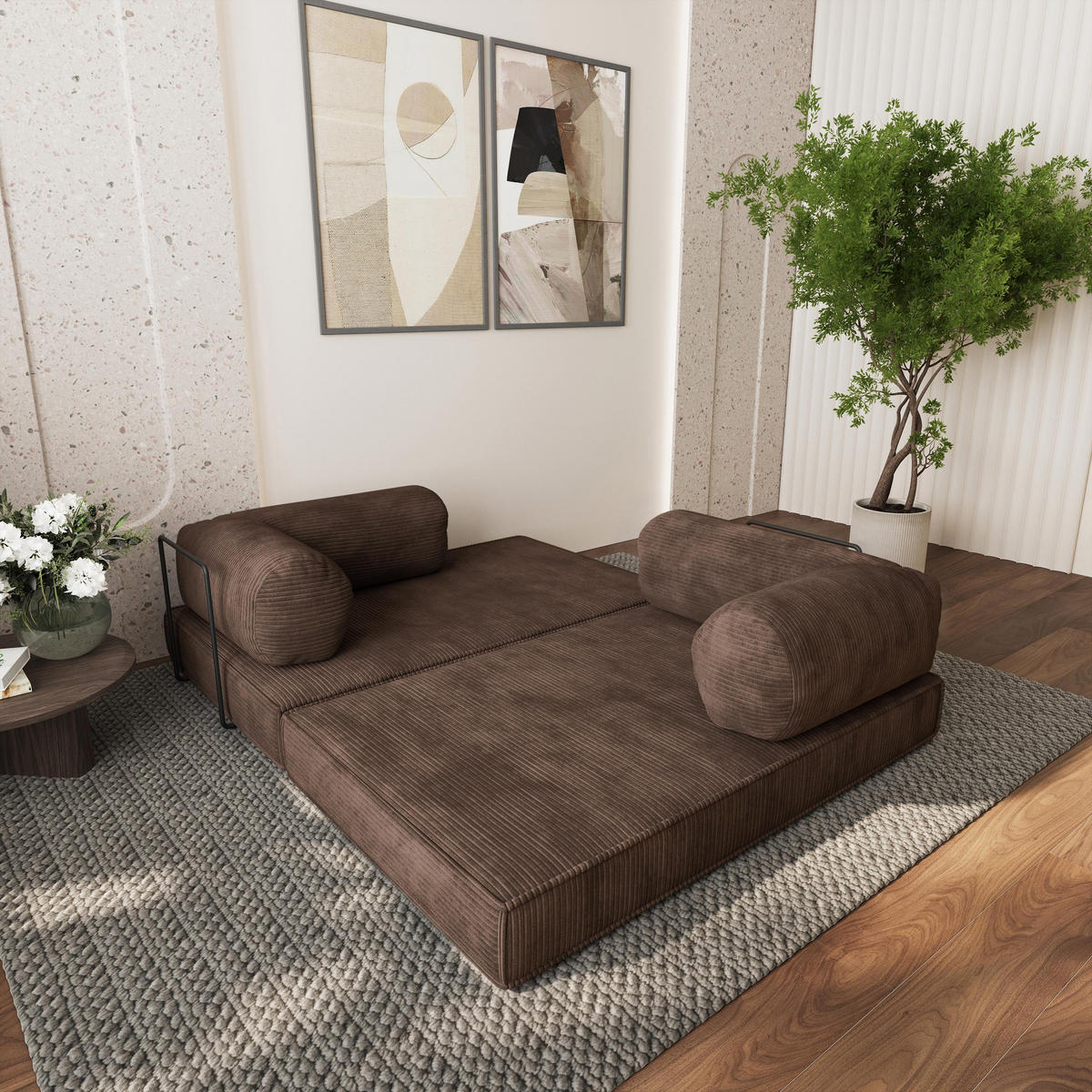 ECKSOFA ETERA modulares Boneless Sofa mit Schlaffunktion Braun Cordstoff - Braun, Textil (270/160cm) - MASSENO