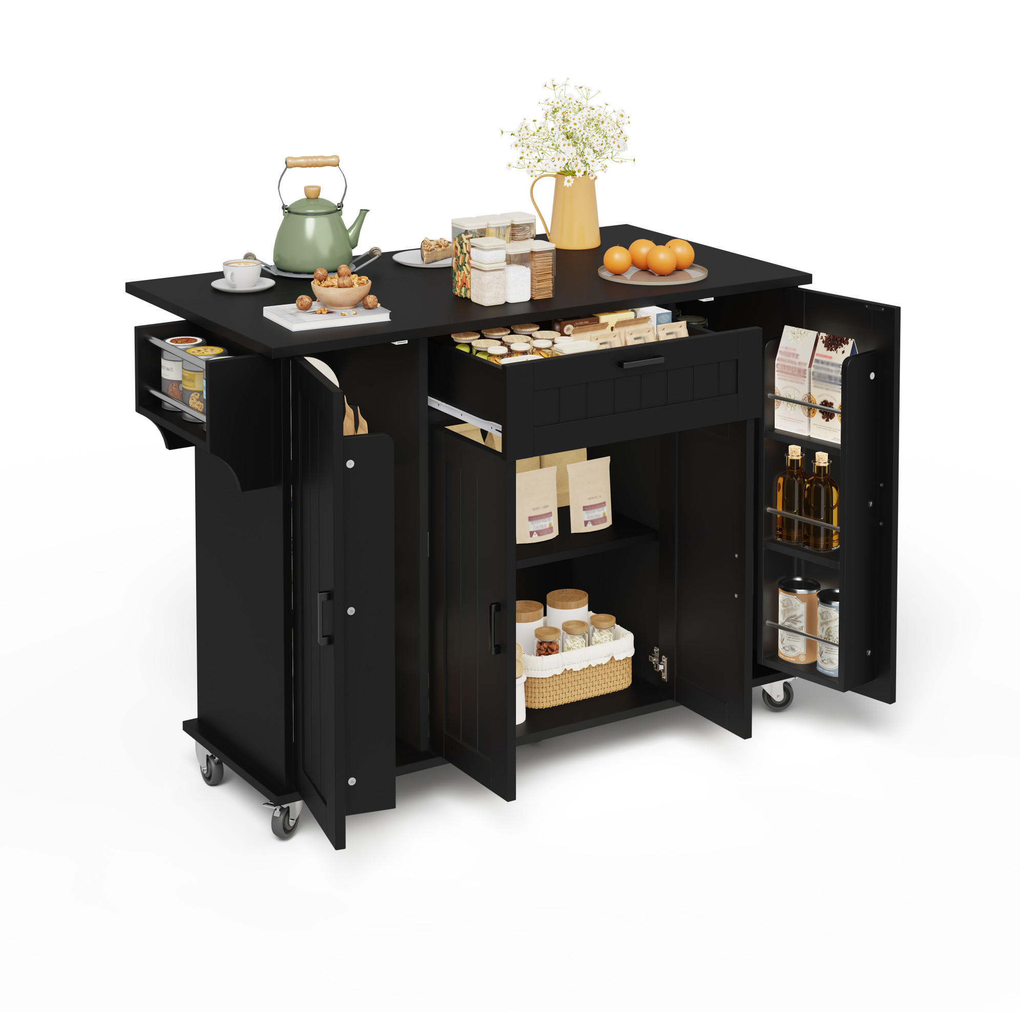 OKWISH KUCHYŇSKÝ ostrůvek 120/45(70)/95 cm černý z MDF se sklápěcí deskou a kolečky