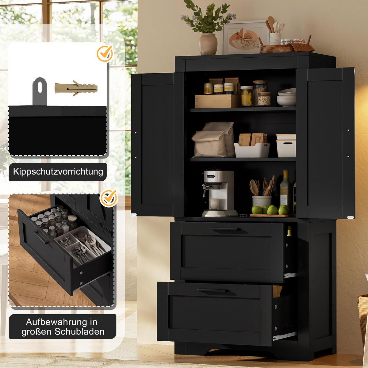 HIGHBOARD DE-38698 60/30/128 cm 2 Schubladen und Scheunentür Schwarz - Schwarz, Holzwerkstoff (60/128/30cm) - ComfortXL
