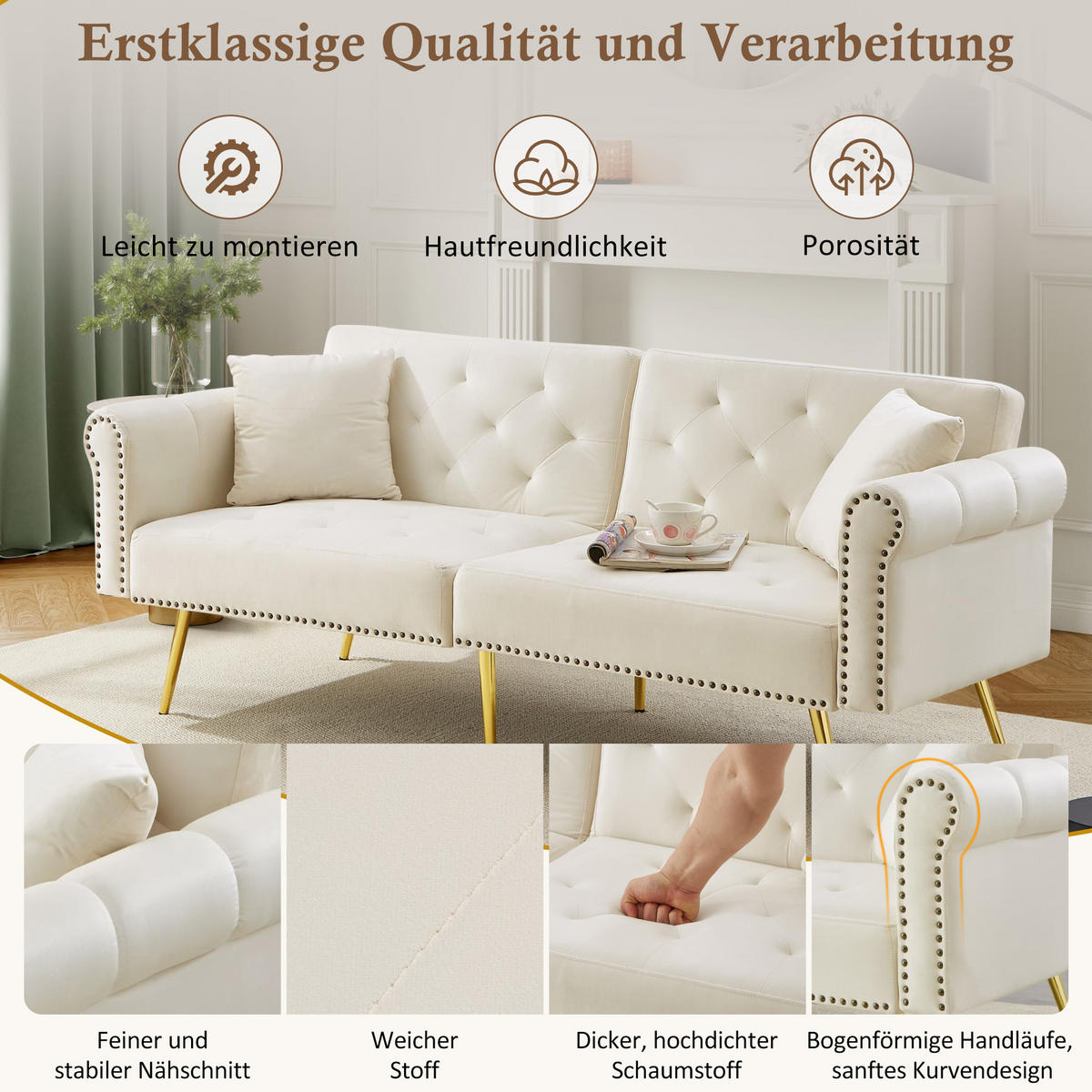 SCHLAFSOFA 2-Sitzer Samt mit 3-fach verstellbarer Rückenlehne Beige 173/75/70 cm - Beige, Textil (70/173/75cm) - Redom