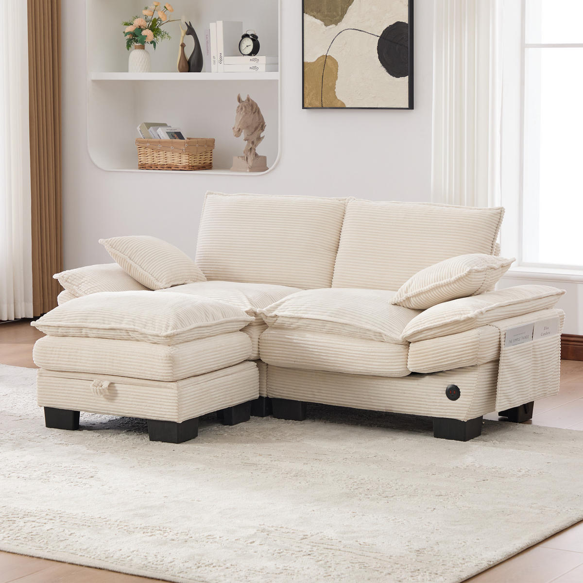 2-SITZER Sofa aus Corduroy 190x132x84 cm mit Hocker & USB-C, beige - Beige, Textil (132/84/190cm)
