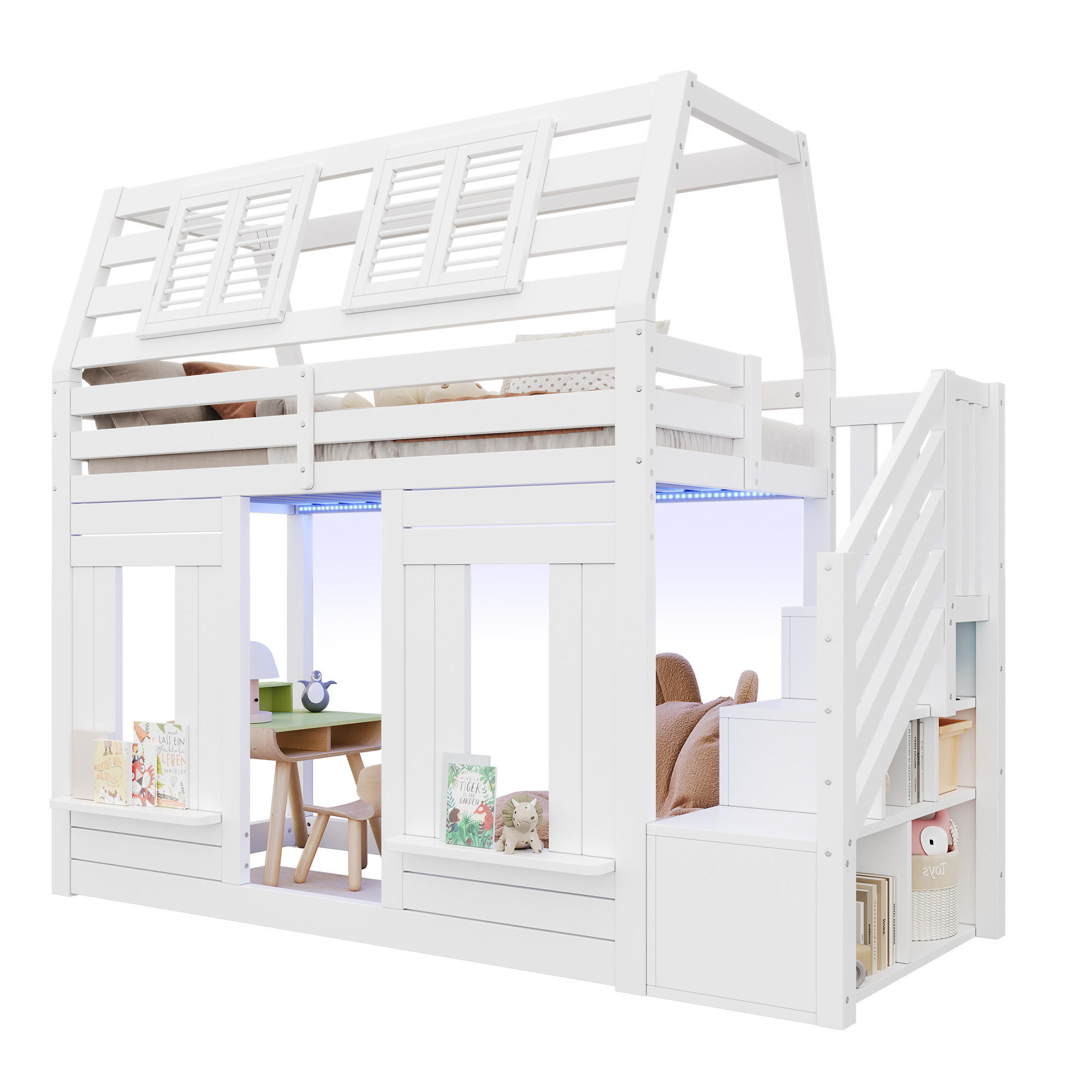 STILVORA ETAGENBETT 90/200 cm in Weiß mit Stauraumtreppe, LED und Fenster-Design