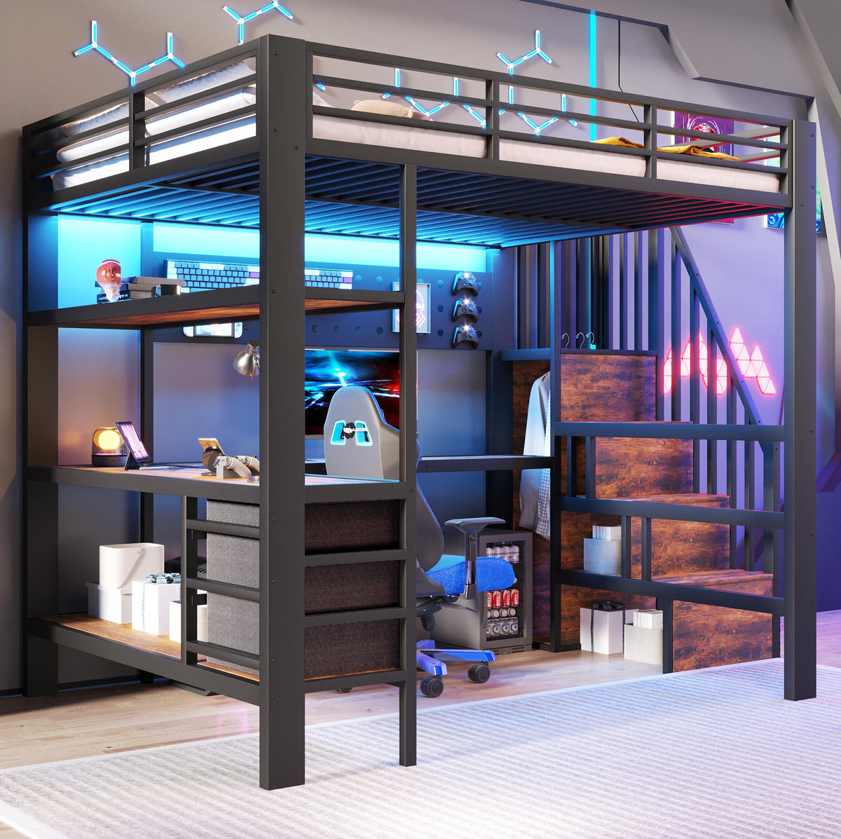 HOCHBETT 140/200 cm aus MDF und Metall mit Tisch, LED, Schwarz - Schwarz, Holzwerkstoff (140/200cm) - OKMYHOME