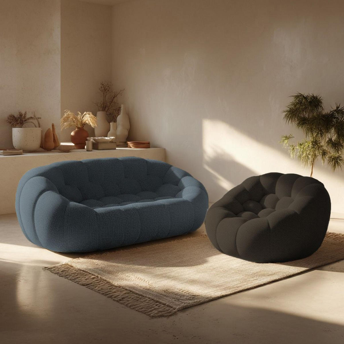 SITZGARNITUR Cocoon Sofa und Sessel Blau und Schokolade - Blau/Braun, Textil (190/75/113cm) - COCO Living