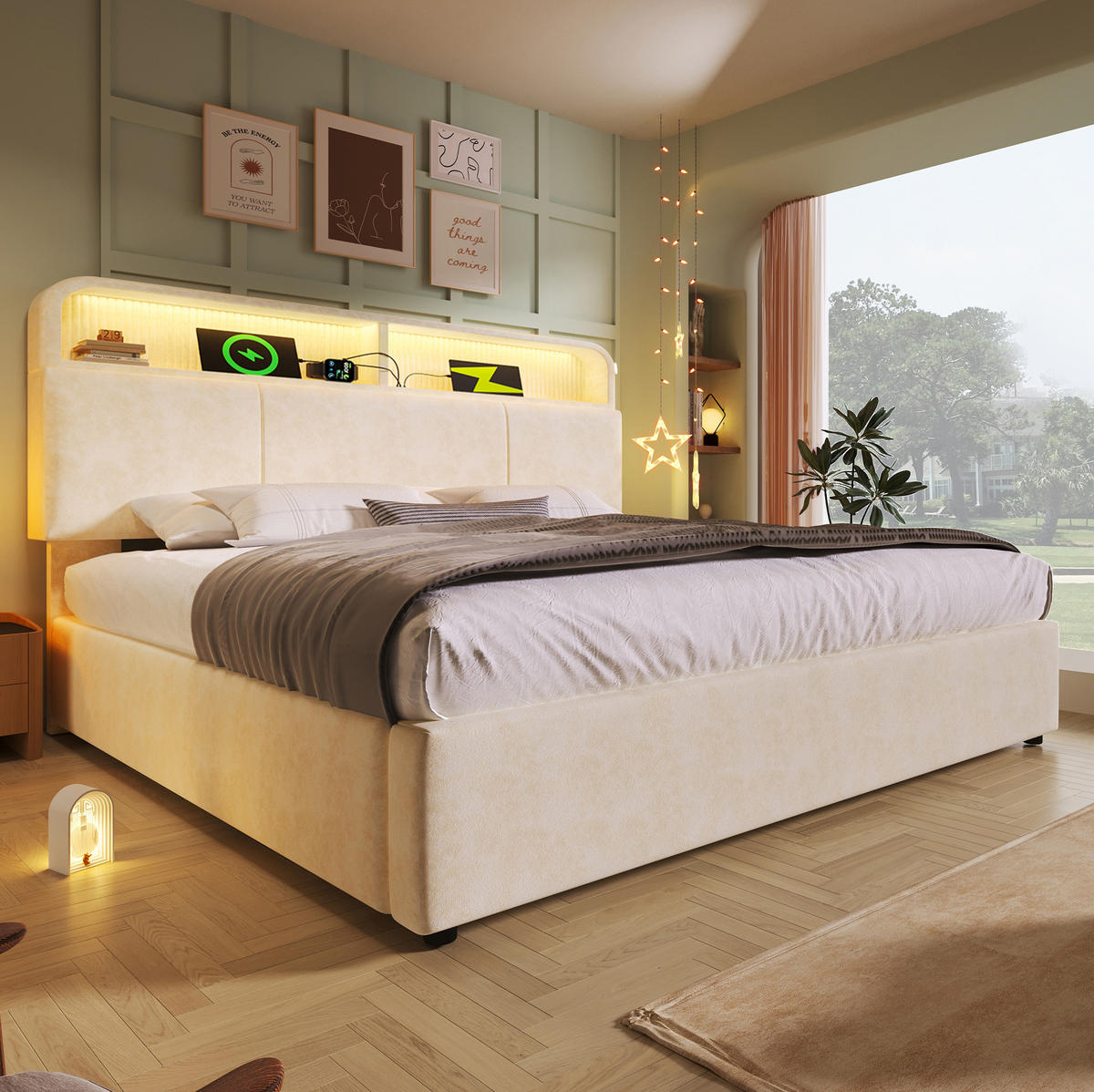 BETT mit Stauraum 140x200 cm Samt Beige inkl. Matratze - Beige, Metall (140/200cm) - Meubliv