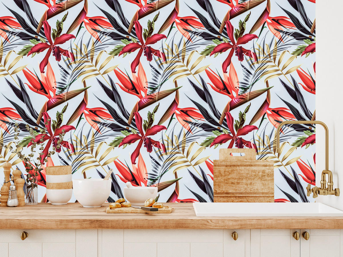 VLIESTAPETE Tropische Dschungelblüten – Rot, Grün, Weiß – 50x1000 cm - Rot/Weiß, Papier (50/1000cm) - Muralo