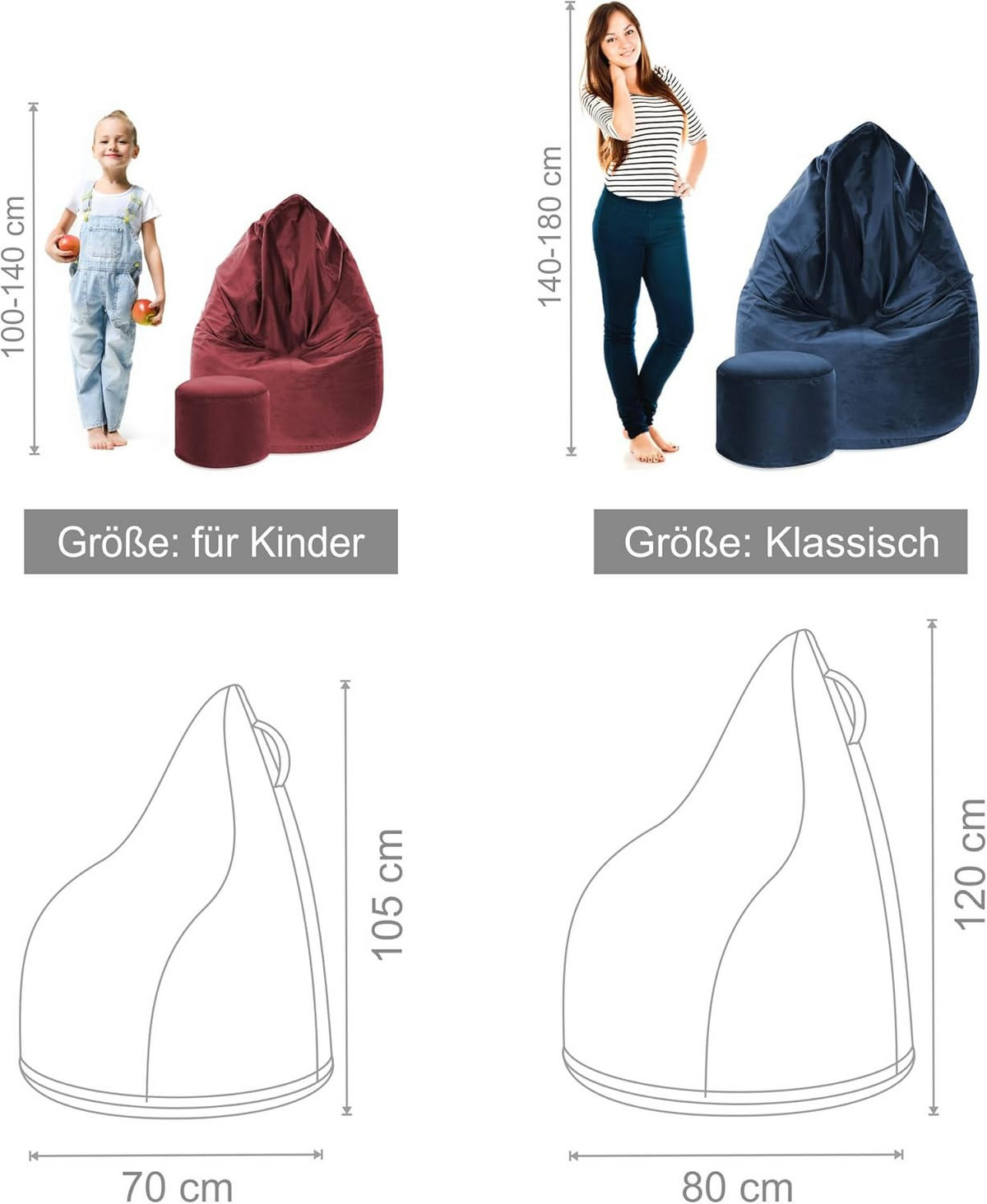 SITZSACK MIT FUßSTÜTZE Samtstoff 2-tlg Dark Shadow S - Dunkelgrau, Textil (70/105/70cm) - Dreamroots