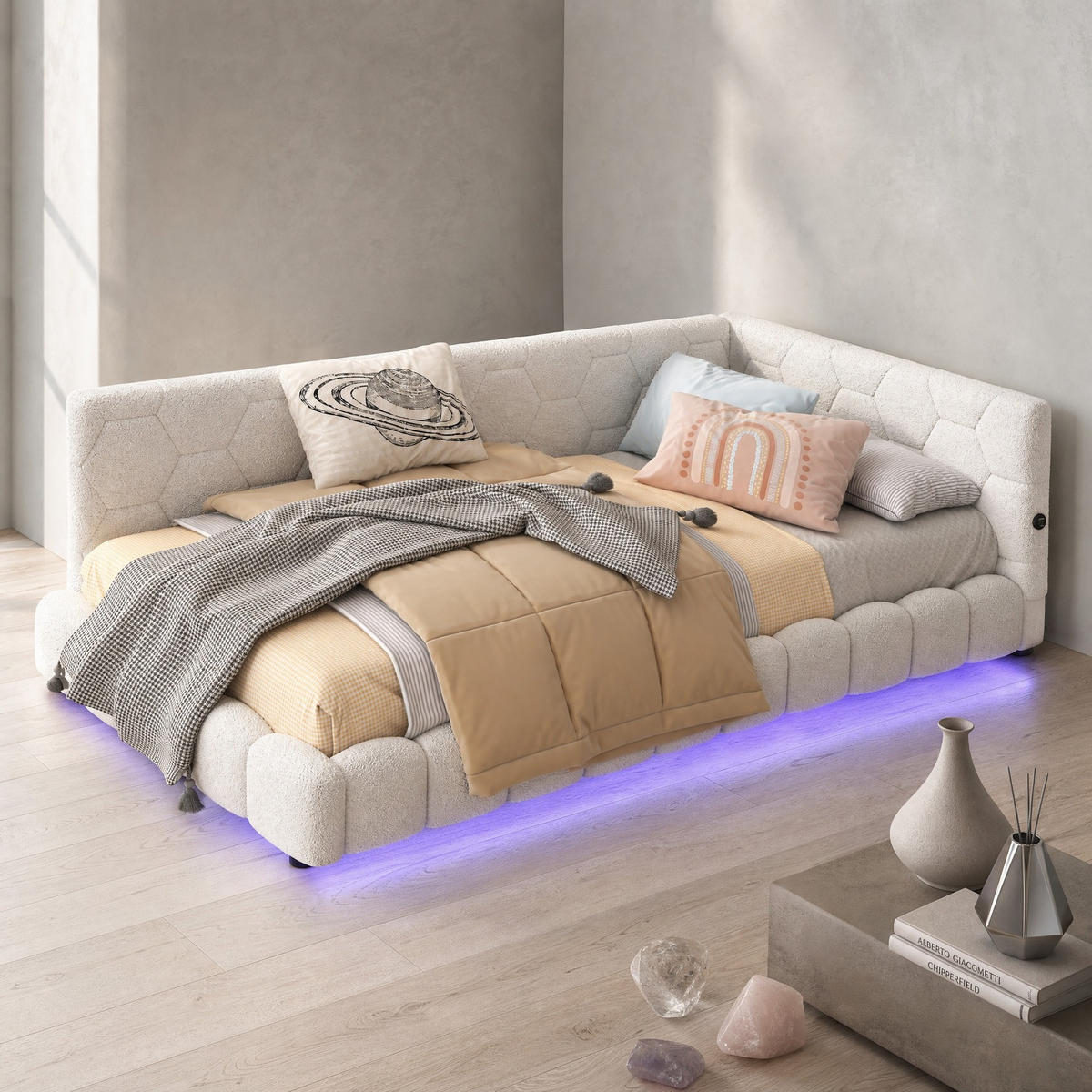POLSTERBETT 90/200 mit 16-farbiger LED, USB-Anschluss und Type-C in Weiß - Weiß, Holzwerkstoff/Textil (90/200cm) - EVRYAE