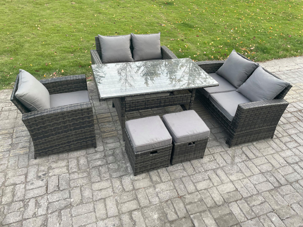 BALKONMÖBEL-SETS mit 2-Sitzer Sofa,2 Hockern,Esstisch Polyrattan Dunkelgrau 7-Sitzer - Dunkelgrau/Grau, Glas/Kunststoff - Fimous