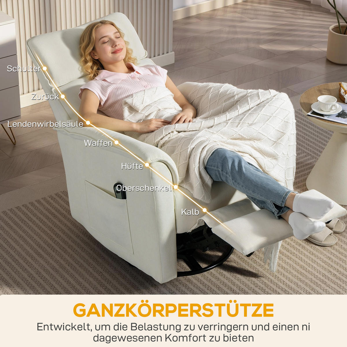 RELAXSESSEL Elektrisch mit Liegefunktion, Verstellbare Rückenlehne, Kopfstütze - Creme, Holzwerkstoff/Textil (78/105/91cm) - HOMCOM