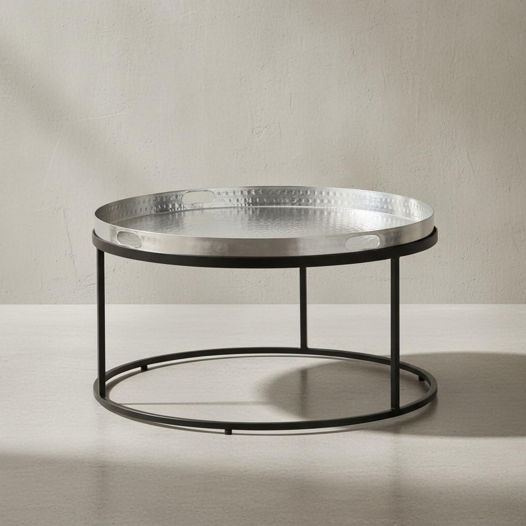 COUCHTISCH mit Hammerschlag-Struktur, abnehmbares Tablett, aus Aluminium und Eisen, Silber 62x62x36 cm - Silberfarben/Schwarz, Metall (62/62/36cm) - KADIMA DESIGN