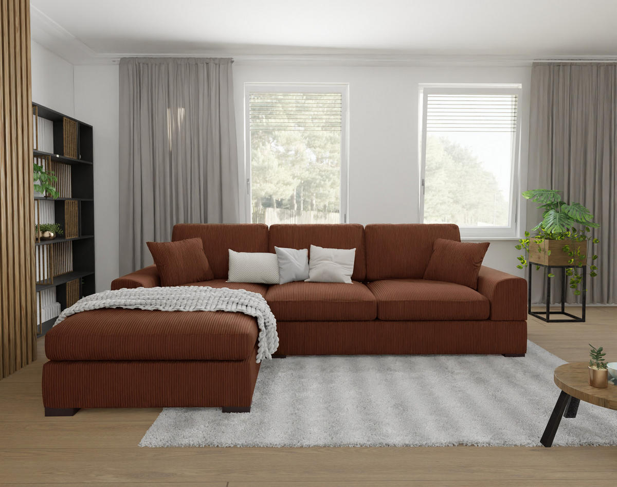 ECKSOFA Saga Terrakotta Cord - Terracotta/Schwarz, Holz/Buchenholz (306/184cm) - S-Style Möbel