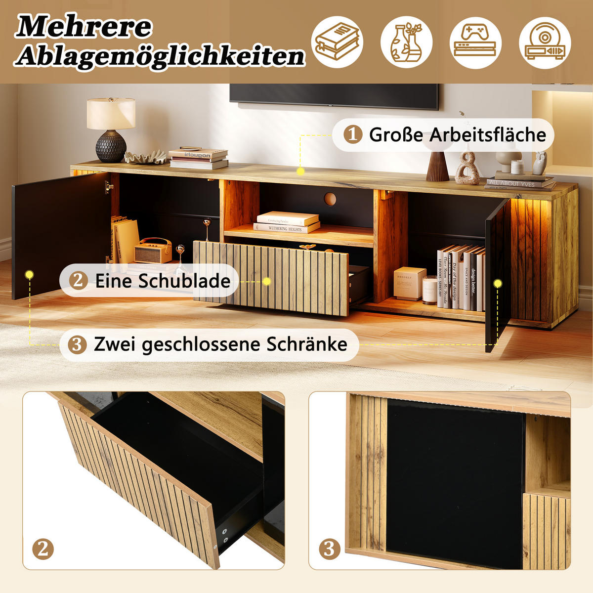 TV-LOWBOARD 180x40x51cm Schwarz Holzfarbe mit LED - Schwarz/Naturfarben, Holzwerkstoff (180/51/40cm) - FLIEKS