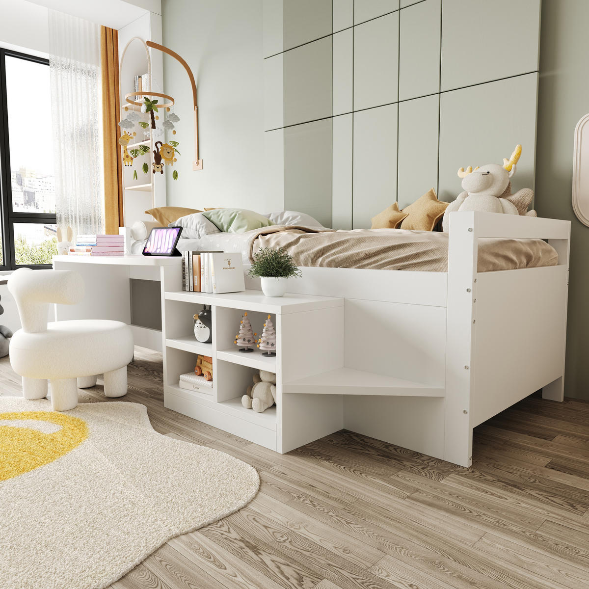 EINZELBETT 90/200 cm mit Staufächern und Schreibtisch in Weiß - Weiß, Holz (90/200cm) - OKWISH