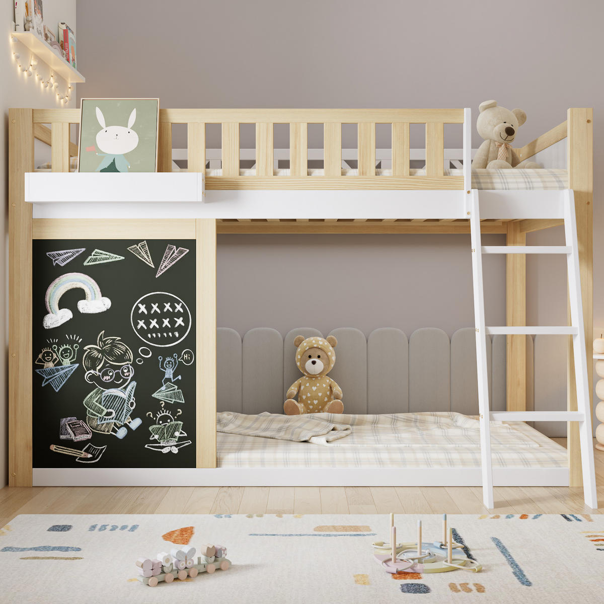 HOCHBETT Kinder 90/200 cm Weiß Natur mit Tafel, Aufbewahrungsbox und Stauraum ohne Matratze - Weiß, Holz (90/200cm) - MIVRAY