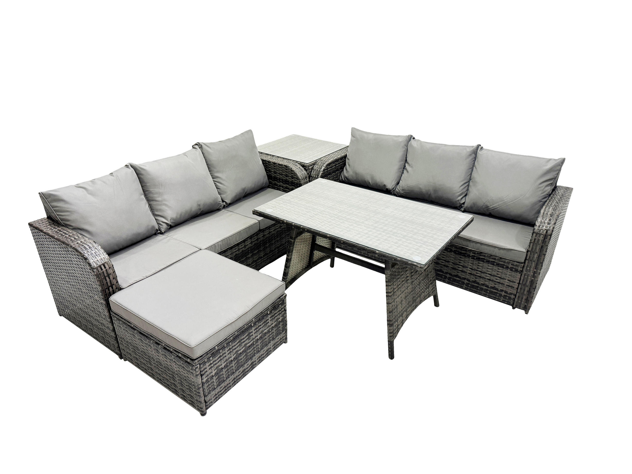 GARTENSET Hohe Rückenlehne Polyrattan 7-Sitzer - Dunkelgrau/Grau, Glas/Kunststoff - Fimous