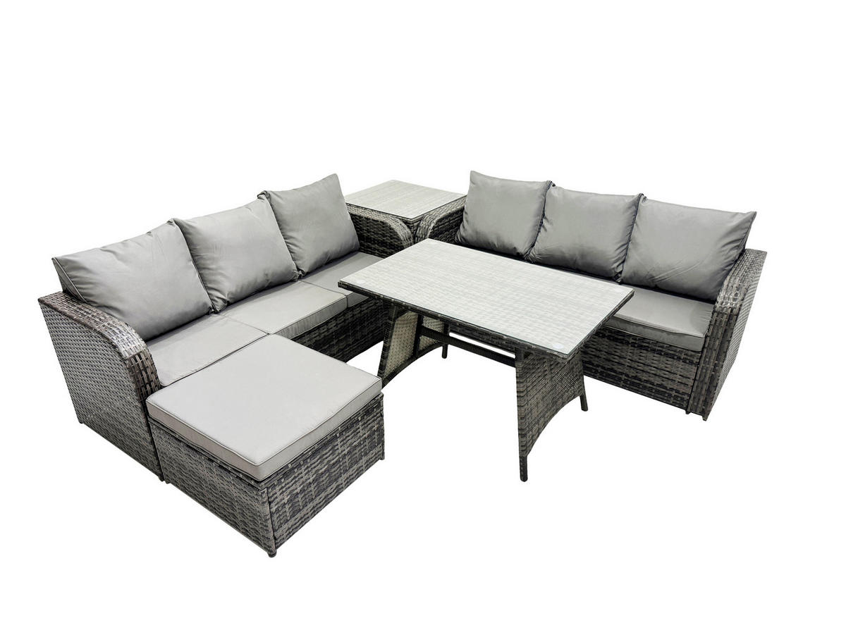 GARTENSET Hohe Rückenlehne Polyrattan 7-Sitzer - Dunkelgrau/Grau, Glas/Kunststoff - Fimous