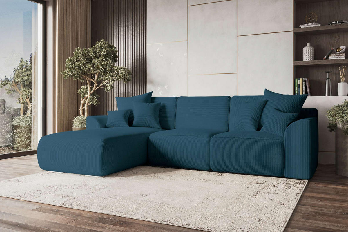 ECKSOFA GUSTO Cordstoff Blau Links inkl. Schlaffunktion - Blau/Chromfarben, Kunststoff/Textil (295/194cm) - 99rooms