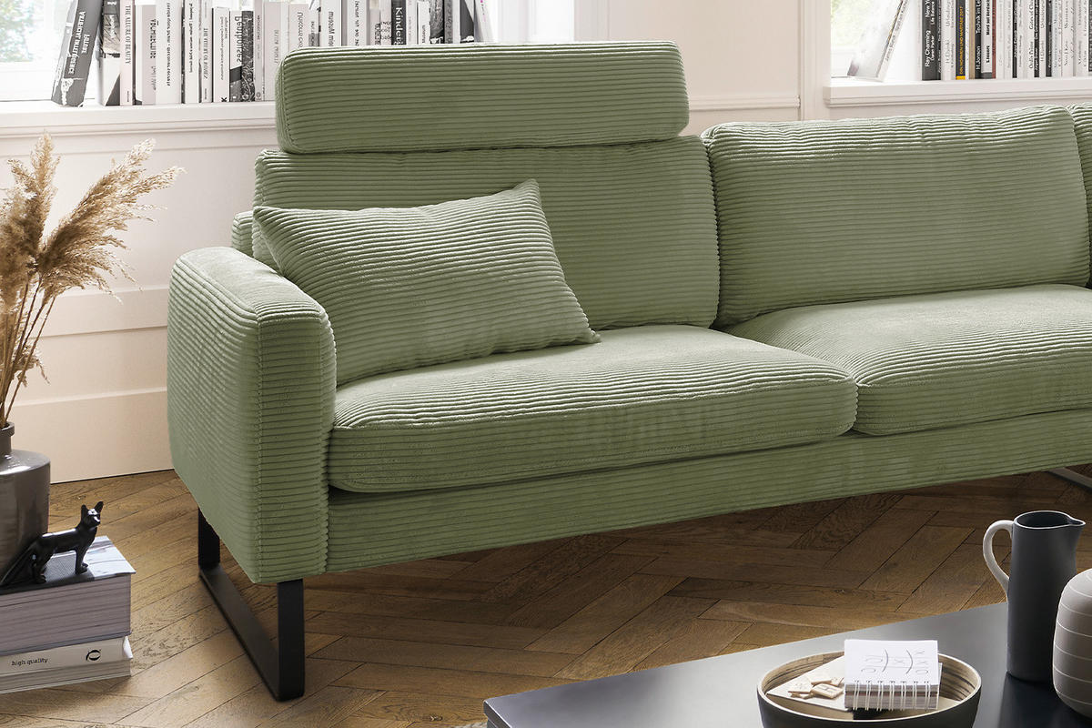 ECKSOFA RICARDA Dunkelgrün Cord - Dunkelgrün/Schwarz, Textil/Metall (298/154cm) - KAWOLA