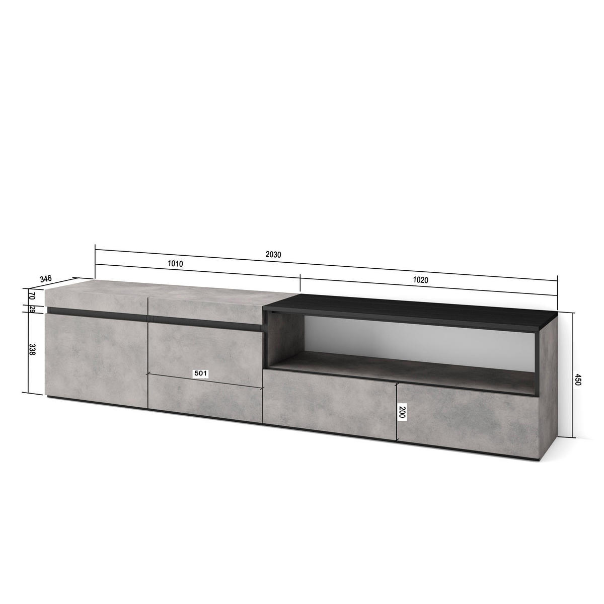 LOWBOARD, zementgrau, 200/35/45cm - Hellgrau/Grau, Holzwerkstoff (200/45/35cm) - Skraut Home